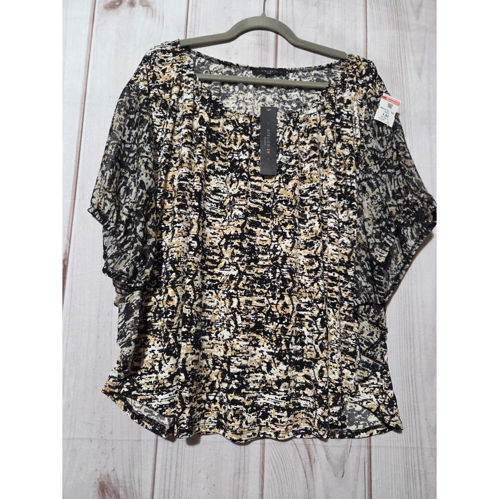 Atelier 29 Woman 3X Plus Abstract Print Flutter Sleeve Blouse Black Tan